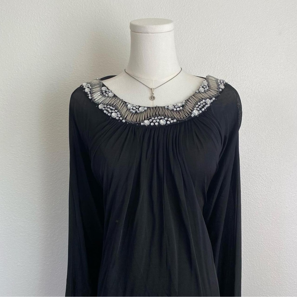 Vintage Y2K Bebe Black Draped Tunic long Sleeve Midi Dress Rhinestone